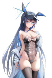 Rule 34 | 1girl, absurdres, alternate costume, animal ears, bare shoulders, black hair, black hat, black thighhighs, blue archive, blue eyes, blue hair, blush, breasts, cleavage, closed mouth, coat, covered navel, cowboy shot, fake animal ears, halo, hand up, hat, highleg, highleg leotard, highres, lanyard, large breasts, leotard, long hair, looking at viewer, meme attire, multicolored hair, nontraditional playboy bunny, off shoulder, open clothes, open coat, playboy bunny, rabbit ears, rable, saori (blue archive), see-through, sidelocks, simple background, solo, thighhighs, thighs, translucent bunnysuit, two-tone hair, very long hair, visor cap, white background