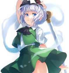 Rule 34 | 1girl, arm up, ascot, black ascot, black hairband, black ribbon, blue eyes, blunt bangs, collared shirt, from below, green skirt, green vest, hair ribbon, hairband, highres, hitodama, holding, holding sword, holding weapon, katana, konpaku youmu, konpaku youmu (ghost), looking at viewer, looking down, open clothes, open vest, paragasu (parags112), parted lips, ribbon, shirt, short hair, short sleeves, silver hair, simple background, skirt, solo, sword, thighs, touhou, v-shaped eyebrows, vest, weapon, white background, white shirt