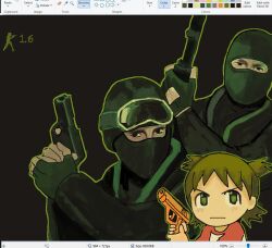 Rule 34 | 1girl, 2boys, arrow (symbol), art program in frame, balaclava, black eyes, black jacket, blush, brown background, closed mouth, commentary, commission, counter-strike, counter-strike (series), covered mouth, english commentary, english text, fingerless gloves, gloves, green eyes, green gloves, green hair, green outline, gun, handgun, holding, holding gun, holding weapon, icon (computing), jacket, koiwai yotsuba, long sleeves, looking at viewer, looking up, microsoft paint (medium), microsoft paint (software), multiple boys, no nose, outline, parody, red shirt, serious, shirt, short hair, shotgun, simple background, t-shirt, unfinished, upper body, user interface, weapon, yotsubato!, zukii3 mii