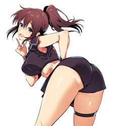 Rule 34 | 1girl, ass, bent over, black scrunchie, black shirt, black shorts, blue eyes, brown hair, commentary, crop top, from behind, hair ornament, hair scrunchie, hand on own hip, hinazuka ryou, idol, idolmaster, idolmaster million live!, index finger raised, looking at viewer, looking back, medium hair, midriff, open mouth, pantylines, ponytail, satake minako, scrunchie, shirt, short shorts, short sleeves, shorts, simple background, smile, solo, standing, thigh strap, thighs, white background