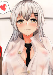 Rule 34 | 1girl, absurdres, black necktie, blush, breasts, covered erect nipples, girls&#039; frontline, grey eyes, heart, heart print, highres, huge filesize, long hair, looking at viewer, medium breasts, muteppona hito, necktie, no bra, see-through, shirt, silver hair, smile, solo, svd (girls&#039; frontline), white shirt