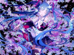 Rule 34 | 1girl, banterin (4473041), bare shoulders, black background, black skirt, blue hair, blue nails, blue necktie, closed eyes, commentary, cowboy shot, detached sleeves, fingernails, floating hair, floral background, flower, hair flower, hair ornament, hand on own chest, hatsune miku, light smile, long hair, nail polish, necktie, number tattoo, open mouth, outstretched arm, shirt, shoulder tattoo, simple background, skirt, sleeveless, sleeveless shirt, solo, tattoo, thighhighs, thighs, twintails, upper body, very long hair, vocaloid, white flower, white shirt