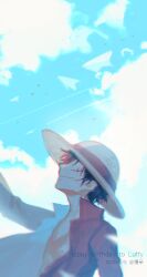 Rule 34 | 1boy, 2020, arm up, beard, black hair, chinese commentary, cloud, collared shirt, commentary request, dated, facial hair, fish191101756, happy birthday, hat, highres, male focus, monkey d. luffy, one piece, open clothes, open shirt, profile, red shirt, scar, scar on chest, scar on face, shirt, short hair, sky, smile, solo, straw hat, upper body