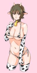 Rule 34 | 1girl, absurdres, animal ears, animal print, bell, bikini, breasts, brown eyes, brown hair, cleavage, cow ears, cow horns, cow print, cow print bikini, cowbell, elbow gloves, fake animal ears, fake horns, girls und panzer, gloves, highres, horns, kuppipi ramutarou, large areolae, large breasts, looking at viewer, micro bikini, navel, neck bell, nishizumi maho, open mouth, pink background, print bikini, print thighhighs, short hair, side-tie bikini bottom, simple background, smile, solo, swimsuit, thighhighs