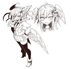 Rule 34 | 1girl, ahoge, angel, angel wings, aohada bocchi, black shirt, brown theme, duplicate, feathered wings, head wings, ink (medium), jacket, lian (aohada bocchi), limited palette, long hair, monochrome, multiple views, necktie, pixel-perfect duplicate, pointy ears, school uniform, shade, shirt, simple background, skirt, smile, smug, thighhighs, thighs, traditional media, white background, white hair, white jacket, white necktie, white skirt, wings, zyugoya