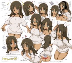 Rule 34 | 1girl, alice gear aegis, animal ears, ass, bare shoulders, blush, bottomless, breasts, brown hair, cat ears, censored, cleavage, closed mouth, collarbone, controller, dark-skinned female, dark skin, english text, fake animal ears, game controller, green eyes, highres, holding, kaneshiya sitara, large breasts, long hair, looking at viewer, multiple views, novelty censor, open mouth, playing games, randou, shirt, simple background, sitting, smile, tagme, translation request, v, white background