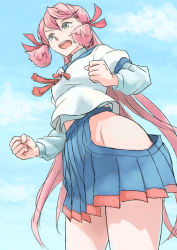 Rule 34 | 10s, 1girl, akashi (kancolle), blue skirt, blue sky, clenched hands, cloud, day, from below, green eyes, hakama, hakama short skirt, hakama skirt, hip vent, japanese clothes, kantai collection, long hair, long sleeves, neckerchief, no panties, open mouth, pink hair, pleated skirt, sailor collar, school uniform, serafuku, side slit, sidelocks, skirt, sky, solo, taruya