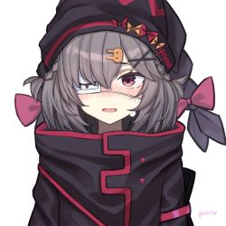Rule 34 | 1girl, a iri a, arknights, black headwear, bow, crying, crying with eyes open, eyelashes, eyepatch, grey hair, highres, jacket, looking at viewer, medical eyepatch, open mouth, pink bow, pink eyes, popukar (arknights), simple background, solo, tears, white background