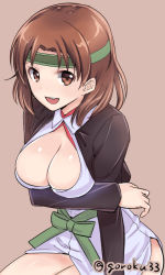 Rule 34 | 10s, 1girl, 56 (goroku33), :d, bad id, bad pixiv id, breast hold, breasts, brown eyes, brown hair, chiyoda (kancolle), cleavage, cleavage cutout, clothing cutout, collared shirt, dress shirt, female focus, headband, kantai collection, large breasts, long sleeves, looking at viewer, open mouth, shirt, short hair, side slit, simple background, sitting, smile, solo, teeth, twitter username