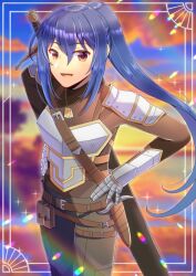 Rule 34 | :d, armor, blue hair, blurry, blurry background, breastplate, brown eyes, brown pants, brown shirt, cloud, cloudy sky, commentary request, commission, copyright request, dagger, depth of field, gauntlets, hair between eyes, hands up, knife, kou hiyoyo, long hair, looking at viewer, open mouth, pants, ponytail, sheath, sheathed, shirt, skeb commission, sky, smile, solo, standing, sunset, sword, very long hair, virtual youtuber, weapon, weapon on back