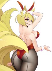 Rule 34 | 1girl, animal ears, arms at sides, arms up, ass, back, backless leotard, bare back, bare shoulders, blonde hair, borrowed character, breasts, commentary, commission, extra arms, eyeshadow, fake animal ears, fishnet pantyhose, fishnets, fox ears, fox girl, fox tail, from behind, hair between eyes, halphelt, hands on own head, large breasts, leotard, looking at viewer, looking back, makeup, multiple tails, one eye closed, original, pantyhose, parted lips, playboy bunny, rabbit ears, red leotard, seamed legwear, seductive smile, short hair, sideboob, simple background, smile, solo, strapless, strapless leotard, tail, thighs, white background, wrist cuffs