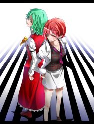Rule 34 | 2girls, absurdres, armband, ascot, back-to-back, boots, breasts, cleavage, collarbone, colored eyelashes, from above, gradient background, green hair, hand on own hip, head tilt, highres, horikawa raiko, jacket, kazami yuuka, letterboxed, light smile, long sleeves, looking at viewer, multiple girls, necktie, parted lips, pointy ears, purple necktie, red eyes, red hair, short hair, skirt, skirt set, striped, striped background, tachitsuki, tatetsuki, touhou