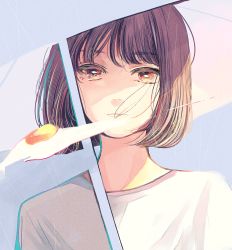 Rule 34 | 1girl, absurdres, blending, blue background, bob cut, brown eyes, brown hair, closed mouth, commentary, egg (food), empty eyes, food, fried egg, frown, hair strand, highres, looking at viewer, original, rain, richard-kun, shirt, short hair, simple background, sunny side up egg, t-shirt, umbrella, upper body