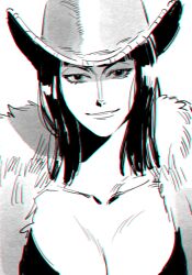 Rule 34 | 1girl, blunt bangs, breasts, chromatic aberration, cleavage, close-up, coat, female focus, fur coat, greyscale, hat, large breasts, lips, looking at viewer, medium hair, monochrome, nico robin, nose, one piece, portrait, raine (acke2445), simple background, smile, solo, tsurime