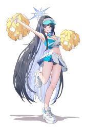 Rule 34 | 1girl, alternate costume, alternate hair length, alternate hairstyle, arm up, armpits, black eyes, black hair, black panties, blue archive, blunt bangs, breasts, character name, cheerleader, cleavage, colored inner hair, commentary, detached collar, full body, halo, highres, holding, holding pom poms, josal, large breasts, long hair, looking at viewer, millennium cheerleader outfit (blue archive), multicolored hair, navel, outstretched arm, panties, pantyshot, parted lips, pleated skirt, pom pom (cheerleading), pom poms, saori (blue archive), shoes, sidelocks, simple background, skirt, sleeveless, sneakers, solo, standing, standing on one leg, stomach, sweatdrop, symbol-only commentary, two-tone hair, underwear, very long hair, visor cap, white background, white footwear