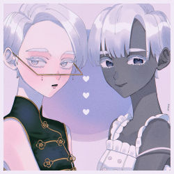 Rule 34 | 2others, absurdres, androgynous, bare shoulders, black eyes, border, cairngorm (houseki no kuni), closed mouth, colored skin, dual persona, eyelashes, frills, grey skin, headgear, heart, highres, houseki no kuni, multiple others, onem., other focus, parted lips, short hair, sleeveless, smile, toggles, upper body, white eyes, white hair