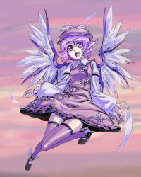 Rule 34 | 1girl, :d, animal ears, dress, feathers, female focus, flying, full body, hat, kumadano, long sleeves, mystia lorelei, nail polish, open mouth, pink eyes, pink hair, shoes, short hair, sky, smile, solo, thighhighs, touhou, winged footwear, wings