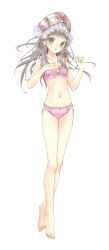 Rule 34 | 1girl, absurdres, atelier (series), atelier totori, barefoot, blush, bra, brown eyes, brown hair, collarbone, commentary request, earrings, frills, full body, hat, highres, jewelry, lingerie, long hair, miyama leaves, navel, open mouth, panties, simple background, solo, totooria helmold, underwear, white background