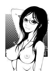 Rule 34 | 1girl, breasts, cable, earbuds, earphones, fugetac, glasses, greyscale, hand in own hair, highres, large breasts, light smile, monochrome, nipples, nude, original, perky breasts, screentones, smile, solo