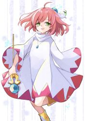 Rule 34 | 1girl, absurdres, ahoge, final fantasy, final fantasy fables, hall jion, highres, jewelry, looking at viewer, necklace, open mouth, pink hair, robe, shirma, smile, solo, staff