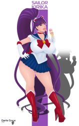 Rule 34 | 1girl, absurdres, bishoujo senshi sailor moon, breasts, brown eyes, cosplay, dante grapes, eiken, fangs, full body, highres, huge breasts, long hair, looking at viewer, misono kirika, open mouth, purple eyes, purple hair, sailor moon, sailor moon (cosplay), skirt, solo, standing, tongue, tongue out, very long hair