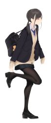 Rule 34 | 1girl, absurdres, adjusting footwear, ama mitsuki, bag, bag charm, black footwear, black jacket, black pantyhose, black skirt, blazer, blue necktie, brown cardigan, brown eyes, brown hair, cardigan, charm (object), closed mouth, female focus, full body, highres, jacket, leg up, loafers, long sleeves, low twintails, miniskirt, necktie, open clothes, open jacket, original, pantyhose, plaid, plaid skirt, putting on shoes, school bag, school uniform, shoes, shoulder bag, simple background, skirt, sleeves past wrists, solo, standing, standing on one leg, swept bangs, twintails, unbuttoned, white background