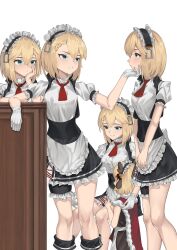 Rule 34 | 5girls, absurdres, aged down, apron, black skirt, blonde hair, blue eyes, breasts, clone, commentary request, dress, frilled apron, frilled dress, frilled shirt, frills, g36 (every child&#039;s x&#039;mas dream) (girls&#039; frontline), g36 (girls&#039; frontline), girls&#039; frontline, gloves, grabbing another&#039;s chin, hair between eyes, hand on another&#039;s chin, head rest, highres, looking at another, maid headdress, medium breasts, multiple girls, necktie, puffy short sleeves, puffy sleeves, red necktie, rspvo neva, shirt, short sleeves, simple background, sitting, skirt, standing, waist apron, white apron, white background, white gloves, white shirt
