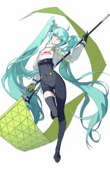 Rule 34 | 1girl, black thighhighs, blue eyes, blue hair, bodysuit, covered navel, flag, full body, gloves, hatsune miku, highres, holding, holding flag, long hair, racing miku, racing miku (2022), simple background, single thighhigh, smile, snowcake47, solo, thighhighs, very long hair, vocaloid, white background