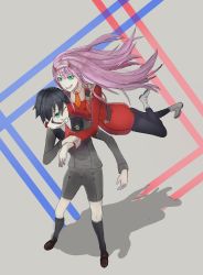 Rule 34 | 10s, 1boy, 1girl, absurdres, black hair, blue eyes, brown footwear, canon0317, commentary request, couple, darling in the franxx, floating, floating hair, green eyes, grey pantyhose, hair ornament, hairband, hand on another&#039;s arm, hand on another&#039;s face, hetero, highres, hiro (darling in the franxx), horns, hug, hug from behind, long hair, long sleeves, looking at another, looking back, military, military uniform, necktie, one eye closed, oni horns, orange neckwear, pantyhose, pink hair, red horns, red neckwear, shoes, short hair, socks, uniform, white hairband, zero two (darling in the franxx)