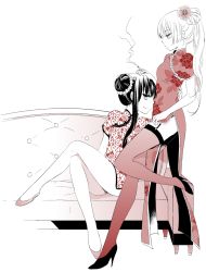 Rule 34 | 2girls, alternate costume, alternate hairstyle, bare legs, china dress, chinese clothes, cigarette, couch, crossed legs, dress, expressionless, female focus, flower, fujiwara no mokou, garter straps, hair flower, hair ornament, hair up, hand on another&#039;s head, high heels, houraisan kaguya, legs, monochrome, multiple girls, satou memeko, shoes, side slit, sitting, smile, standing, standing on one leg, thighhighs, touhou