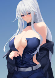Rule 34 | 1girl, absurdres, axicoi, azur lane, belt, blue background, blue eyes, blue jacket, breasts, enterprise (azur lane), enterprise (wind catcher) (azur lane), highres, jacket, large breasts, long hair, official alternate costume, partially unzipped, race queen, simple background, solo, white belt, white hair, zipper
