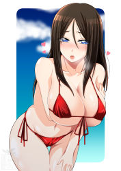 Rule 34 | 1girl, artist logo, bikini, black hair, blue eyes, blue sky, blush, breast hold, breasts, breath, cleavage, cloud, cloudy sky, cowboy shot, front-tie bikini top, front-tie top, girls und panzer, half-closed eyes, hand on own thigh, heart, highres, ichijou takakiyo, large breasts, leaning forward, long hair, looking at viewer, navel, nonna (girls und panzer), open mouth, outside border, red bikini, rounded corners, side-tie bikini bottom, sky, solo, standing, string bikini, swept bangs, swimsuit, thigh gap