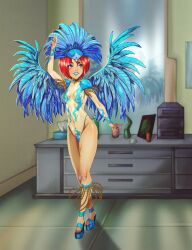 Rule 34 | 1girl, absurdres, arm up, blue feathers, blue footwear, blue headwear, blue lips, blue nails, blue wings, carnival, collarbone, commission, covered navel, feathered wings, feathers, female focus, festival, full body, headdress, high heels, highres, legs together, lipstick, looking to the side, makeup, multiple girls, nail polish, red eyes, red hair, revealing clothes, short hair, smile, solo, standing, teeth, thighs, tile floor, tiles, tlacuicani, toenail polish, toenails, toes, w.i.t.c.h., will vandom, wings