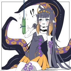 Rule 34 | !?, 1girl, absurdres, black dress, blunt bangs, cucumber, dress, gloves, halo, highres, hololive, hololive english, ninomae ina&#039;nis, ninomae ina&#039;nis (1st costume), pointy ears, solo, sweatdrop, tearing up, tentacle hair, tentacles, virtual youtuber, yurver