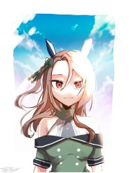 Rule 34 | 1girl, absurdres, animal ears, arms at sides, bare shoulders, blurry, bow, breasts, brown hair, cloud, coat, depth of field, ear covers, floating hair, green coat, hair bow, highres, horse ears, king halo (umamusume), long hair, looking at viewer, off-shoulder coat, off shoulder, outdoors, red eyes, shirt, short sleeves, sleeveless, sleeveless shirt, small breasts, smile, solo, tsukasa (avdx5538), twitter username, umamusume, upper body
