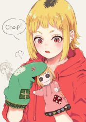 Rule 34 | 2girls, blonde hair, chainsaw man, chinbigobrr, hand puppet, higashiyama kobeni, highres, hood, hoodie, looking at object, looking down, multicolored hair, multiple girls, open mouth, puppet, red eyes, red hoodie, roots (hair), sawatari akane (chainsaw man), short hair, simple background, slit pupils, snake, upper body, white background