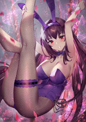 Rule 34 | 1girl, animal ears, armpits, arms up, blush, breasts, bridal garter, commentary request, detached collar, fake animal ears, fate/grand order, fate (series), fishnet pantyhose, fishnets, gae bolg (fate), hair between eyes, highleg, highleg leotard, large breasts, legs up, leotard, long hair, looking at viewer, official alternate costume, pantyhose, parted lips, playboy bunny, polearm, purple hair, purple leotard, rabbit ears, red eyes, scathach (fate), scathach (piercing bunny) (fate), smile, spear, thighs, weapon, wrist cuffs, yoshimoto (dear life)