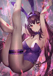 1girl animal_ears armpits arms_up blush breasts commentary_request detached_collar fake_animal_ears fate/grand_order fate_(series) fishnet_pantyhose fishnets frilled_thigh_strap gae_bolg_(fate) hair_between_eyes highleg highleg_leotard large_breasts legs_up leotard long_hair looking_at_viewer official_alternate_costume pantyhose parted_lips playboy_bunny polearm purple_hair purple_leotard rabbit_ears red_eyes scathach_(fate) scathach_(piercing_bunny)_(fate) smile spear thigh_strap thighs weapon wrist_cuffs yoshimoto_(dear_life)