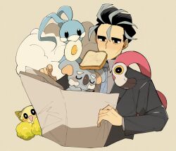 Rule 34 | 1boy, altaria, black eyes, black hair, bread slice, chin kami (332288), collared shirt, commentary request, creatures (company), flamigo, food, food in mouth, game freak, gen 3 pokemon, gen 7 pokemon, grey hair, highres, holding, jacket, komala, larry (pokemon), long sleeves, looking down, male focus, mouth hold, multicolored hair, necktie, nintendo, oricorio, oricorio (pom-pom), pokemon, pokemon (creature), pokemon sv, shirt, streaked hair, toast, toast in mouth, two-tone hair