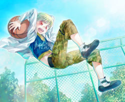 Rule 34 | 1boy, aged down, ball, basketball, basketball (object), blonde hair, cak nakatsu, camouflage, camouflage pants, child, child gilgamesh (fate), fate/hollow ataraxia, fate (series), full body, gilgamesh (fate), hood, hoodie, male focus, open mouth, pants, red eyes, short hair, shorts, solo