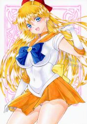 1girl aino_minako bishoujo_senshi_sailor_moon blonde_hair blue_eyes bow breasts large_breasts leotard leotard_peek long_hair magical_girl red_bow ruuna_(ruunayh) sailor_venus short_sleeves teeth upper_teeth_only very_long_hair