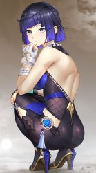 Rule 34 | 1girl, ass, back, bare shoulders, black hair, blue hair, bodysuit, bracelet, breasts, closed mouth, fingerless gloves, from behind, full body, genshin impact, gloves, green eyes, high heels, highres, hip vent, jewelry, linreplica, looking at viewer, looking back, short hair, solo, squatting, tassel, thighs, vision (genshin impact), yelan (genshin impact)