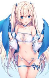 Rule 34 | 1girl, :o, barcode, barcode tattoo, bare shoulders, bikini, blonde hair, blue background, blue eyes, blue gloves, blush, breasts, choker, collarbone, cowboy shot, demon girl, demon wings, gloves, gluteal fold, halterneck, highres, jacket, komeshiro kasu, long hair, long sleeves, looking at viewer, navel, off shoulder, open clothes, open jacket, open mouth, original, pointy ears, side-tie bikini bottom, sidelocks, small breasts, solo, stomach, swimsuit, tattoo, thigh strap, two side up, white bikini, white jacket, wings