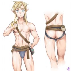 Rule 34 | 1boy, :t, ass, ass cutout, banana, blonde hair, blue eyes, briefs, bulge, clothing cutout, eating, food, fruit, hand on own hip, jockstrap, link, male focus, male underwear, monbetsu kuniharu, muscular, nintendo, nipples, pointy ears, simple background, solo, standing, stomach, testicles, the legend of zelda, the legend of zelda: breath of the wild, topless male, underwear, white background