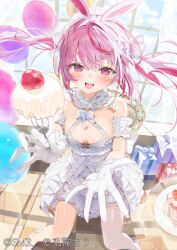 1girl animal_ears bare_shoulders breasts cake cleavage collar dress floating_hair food fork frilled_collar frills gloves highres holding holding_fork indie_virtual_youtuber indoors long_hair looking_at_viewer maid_headdress multicolored_hair open_mouth pink_eyes pink_hair pomesaurus rabbit_ears reaching reaching_towards_viewer single_thighhigh sitting smile streaked_hair thighhighs tomari_mari twintails virtual_youtuber white_dress white_footwear white_gloves white_thighhighs