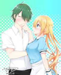 Rule 34 | 1boy, 1girl, absurdres, akizuki kouyou, annoyed, apron, aqua background, blend s, blonde hair, blue eyes, blush, breasts, collared shirt, dated, dress, eyes visible through hair, green hair, hair over one eye, half-closed eyes, hand to own mouth, highres, hinata kaho, large breasts, looking away, polka dot, polka dot background, pout, puffy short sleeves, puffy sleeves, shirt, short sleeves, shy, signature, simple background, stile uniform, sweatdrop, twintails, waitress, yasaka (astray l)