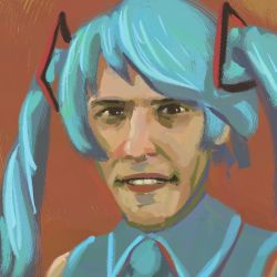 Rule 34 | 1boy, aqua hair, brown background, brown eyes, collared shirt, commentary, cosplay, crossdressing, english commentary, gooseygang, hatsune miku, hatsune miku (cosplay), highres, jerma985, jerma985 (person), looking at viewer, open mouth, portrait, real life, shirt, sleeveless, sleeveless shirt, teeth, twintails, vocaloid