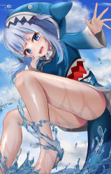 Rule 34 | 1girl, absurdres, animal costume, animal hood, bare legs, barefoot, blue eyes, blue hair, blue hoodie, blue nails, blunt bangs, fins, fish tail, from below, gawr gura, gawr gura (1st costume), hair ornament, highres, hololive, hololive english, hood, hoodie, jumping, kounotori, light blush, long sleeves, looking at viewer, medium hair, multicolored hair, nail polish, open hand, open mouth, shark costume, shark girl, shark hair ornament, shark hood, shark print, shark tail, sharp teeth, sky, solo, splashing, streaked hair, tail, teeth, two side up, virtual youtuber, water, wet, white hair, wide sleeves