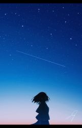Rule 34 | 1girl, absurdres, blue sky, closed eyes, fantasy, from side, highres, letterboxed, nengoro, original, scenery, shirt, shooting star, short sleeves, sky, solo, space, standing, star (sky), starry sky, white shirt