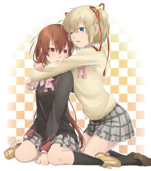 Rule 34 | 2girls, ahoge, arm at side, arms around neck, arms between legs, black jacket, black socks, blonde hair, blue eyes, blush, bow, brown eyes, brown footwear, brown hair, checkered background, commentary request, friends, frown, grey skirt, hair between eyes, hair ornament, hair ribbon, heads together, hug, hug from behind, jacket, kamikita komari, kneehighs, kneeling, legs, little busters!, loafers, long hair, long sleeves, lower teeth only, miniskirt, multiple girls, natsume rin, nose, one eye closed, open mouth, otou (otou san), pink bow, pink ribbon, plaid, plaid skirt, pleated skirt, ponytail, red ribbon, ribbon, school uniform, shoes, short hair, simple background, sitting, skirt, smile, sneakers, socks, star (symbol), star hair ornament, sweater, teeth, thighs, twintails, very long hair, wariza, white background, yellow sweater